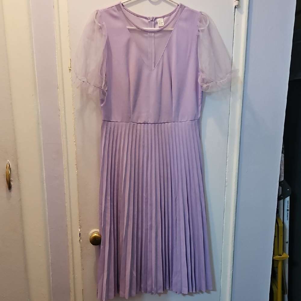 Lavender Pleated Dress with Sheer Sleeves